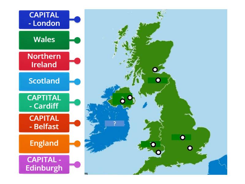 UK countries and capitals map matching names - Labelled diagram