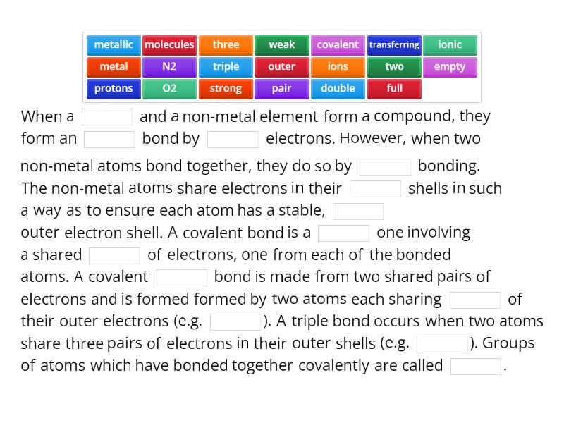 Covalent bonding Complete the sentence