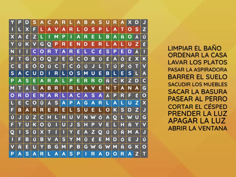 7th. Los quehaceres de la casa (household chores) - Sopa de letras