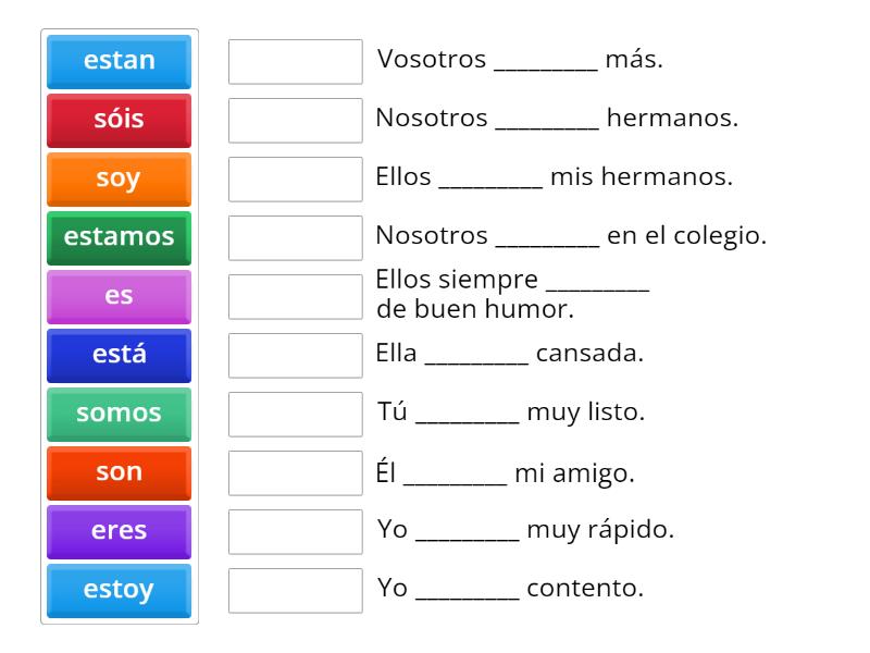Verbo ser y estar - lee y completa - Une las parejas