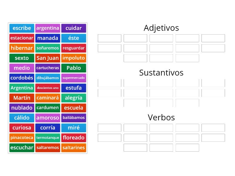 Sustantivos Adjetivos Y Verbos Burbujas Burbujas 9 Y 10 Group Sort