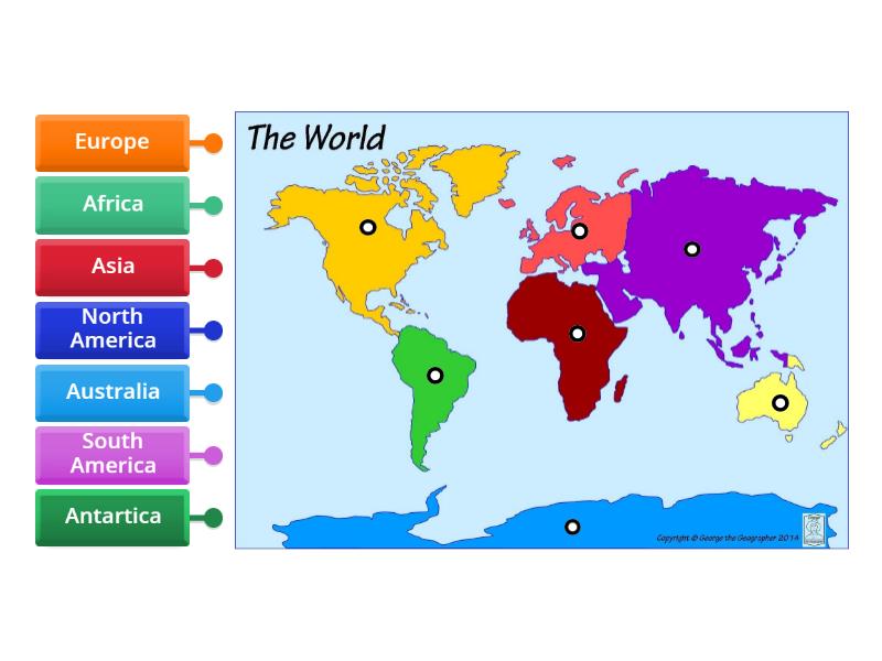 Label the world map with the correct continents - Labelled diagram