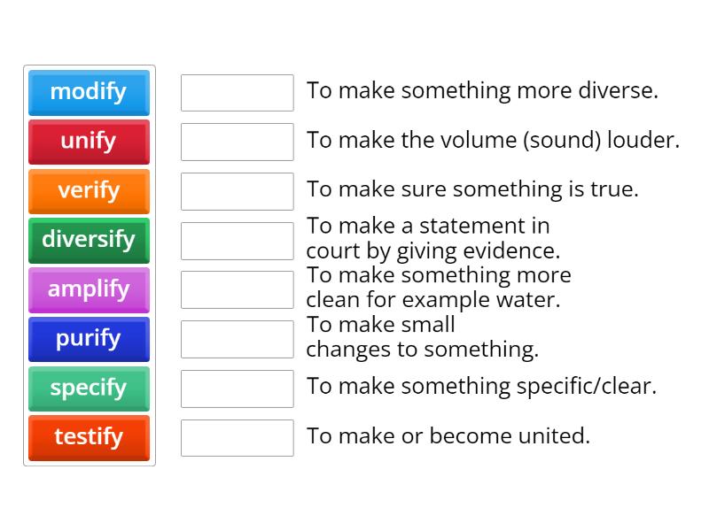 Suffix -fy word and definition matching - Match up