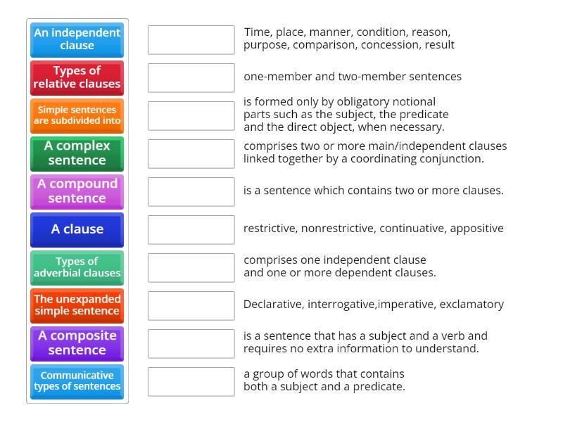 Different classifications of sentences - Match up