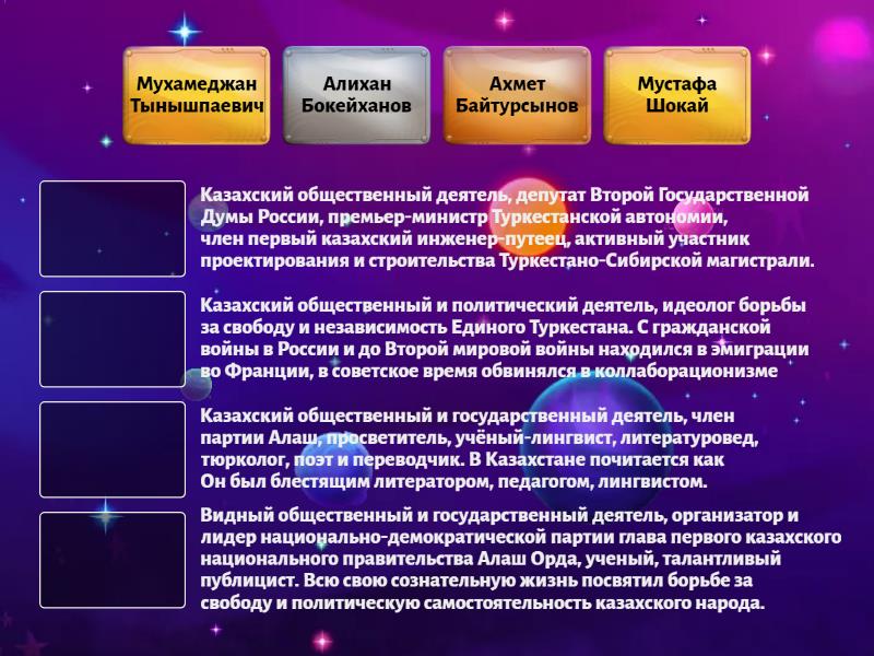 Соотнесите изображения представителей казахской интеллигенции с ...