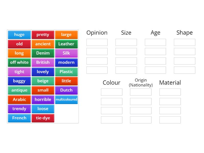 Adjective order - categories - Group sort