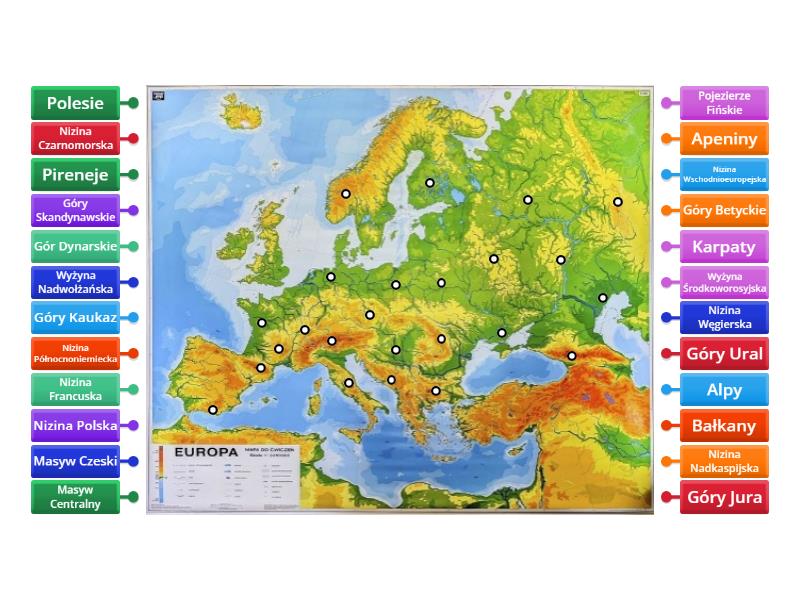 Kopia Mapa Fizyczna Europy Góry Wyżyny I Niziny Rysunek Z Opisami 1966