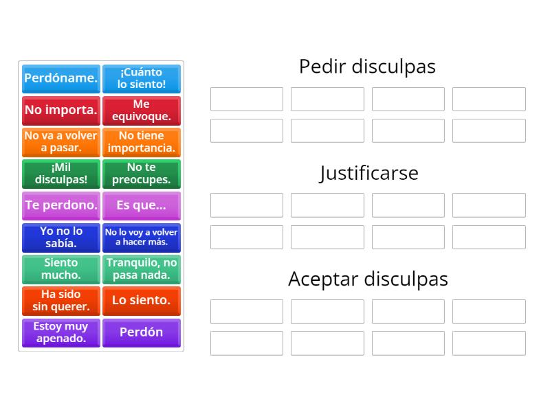 Pedir y aceptar disculpas, Justificarse - Ordenar por grupo