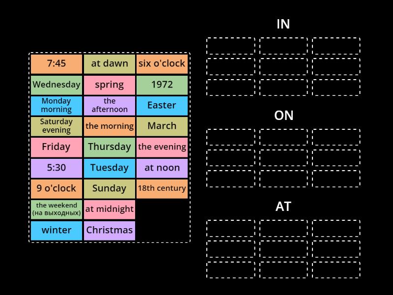 Prepositions of time IN - ON - AT - Ordenar por grupo