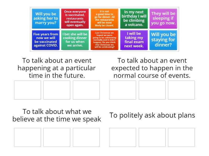 Future Continuous - will + be + verb-ing - Group sort