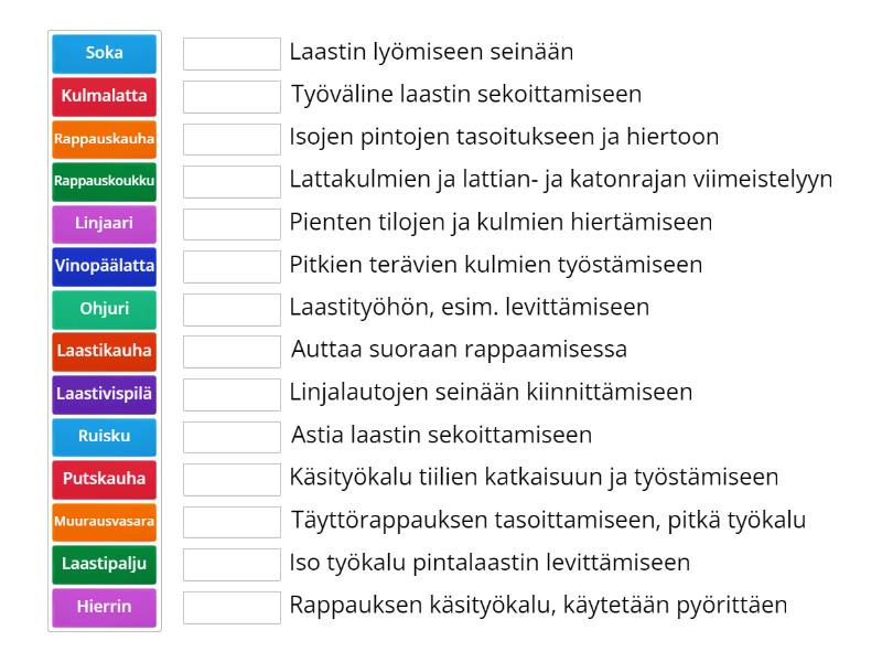 Rappauksen työvälineitä (rappaustyöt, rakennusala) - Match up