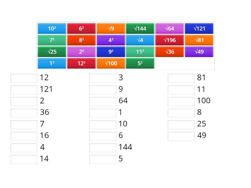 Find the Match - Squares and Roots - Match up