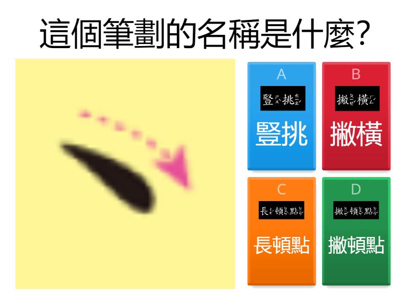 筆劃名稱5-豎挑、撇橫、撇頓點、長頓點 - Quiz