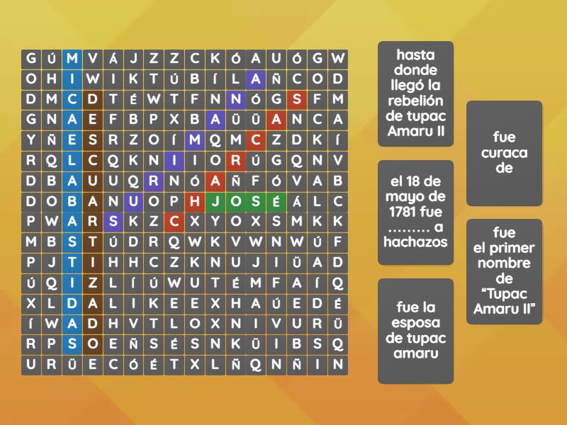 sopa de letras de la vida de Túpac Amaru II - Поиск слов