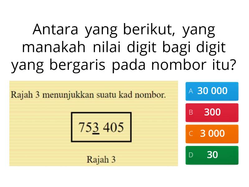 NILAI TEMPAT & NILAI DIGIT HINGGA 100 000 - Cuestionario