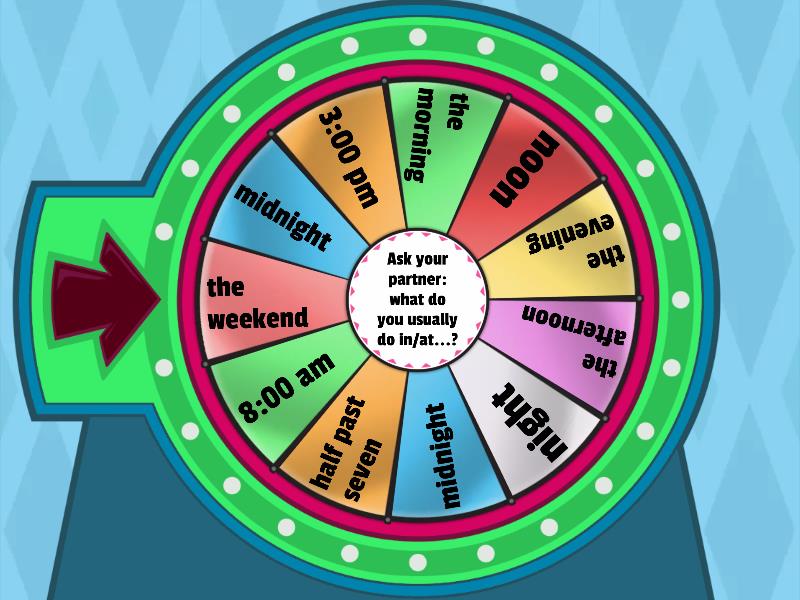 Prepositions of time - Daily routine+Present Simple - Spin the wheel