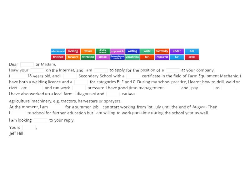 Job Application letter - Complete the sentence