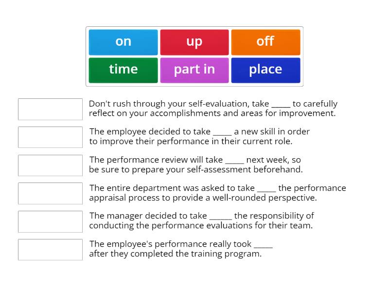 Staff Appraisal. Phrasal verb 'take' Match up