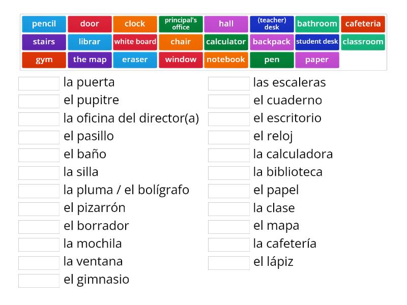 Wordwall Classroom Objects, Places in School - Match up