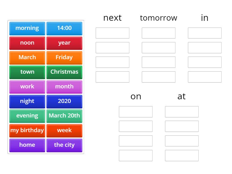 A1.3 - Prepositions of Place & Time - Group sort