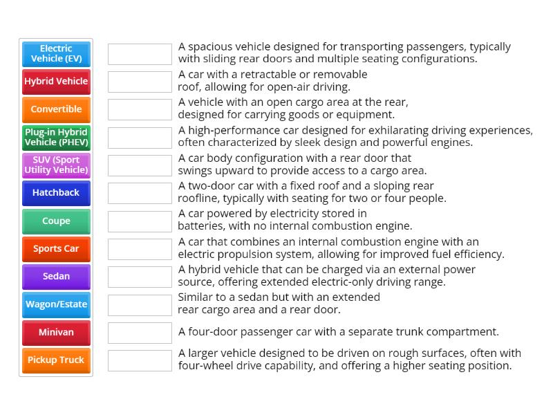 Types of car and their definitions - Match up