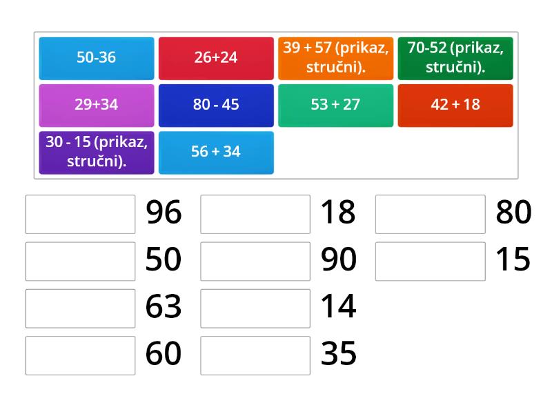 Sabiranje i oduzimanje dvocifrenih brojeva - Match up