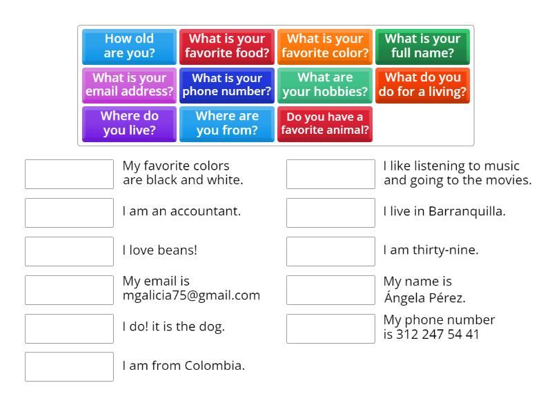 Personal information questions - Match up