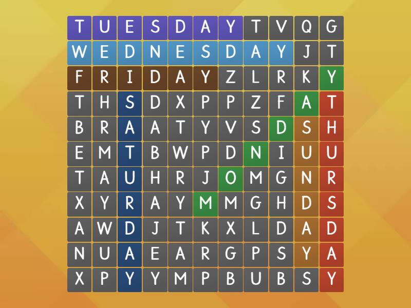 days of the week - Sopa de letras