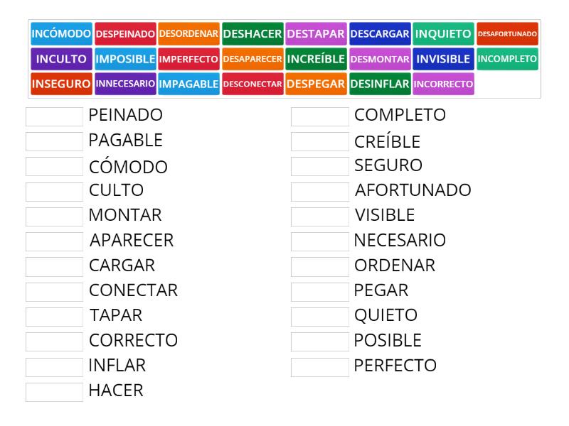 PREFIJOS IN-, IM-, DES - Une las parejas