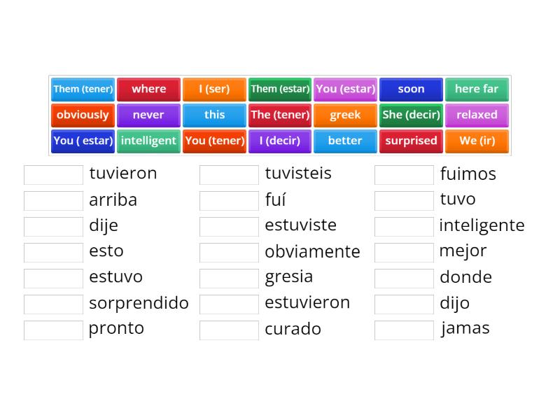Copia de Verbos Irregulares en pasado adverbios adjetivos - Une las parejas