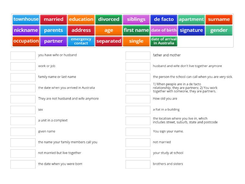 Personal information vocabulary - Match up