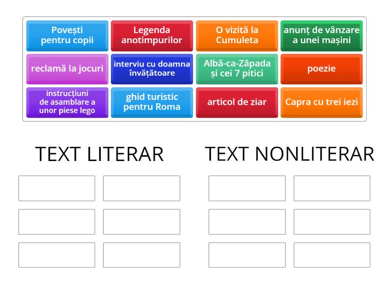 Text literar vs Text nonliterar - Ordenar por grupo