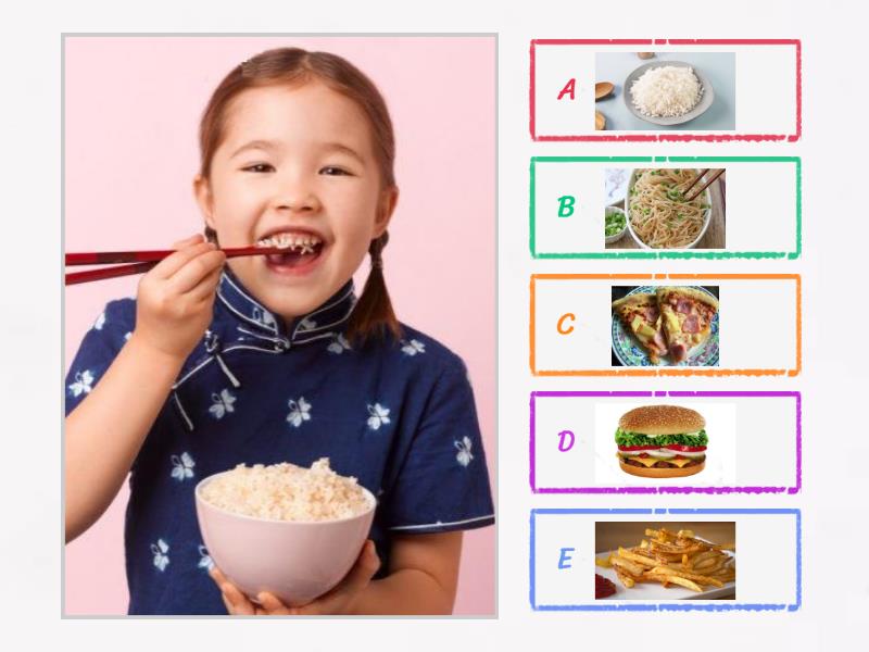 What are they eating? - rice, noodles, burger, pizza, chips - Quiz
