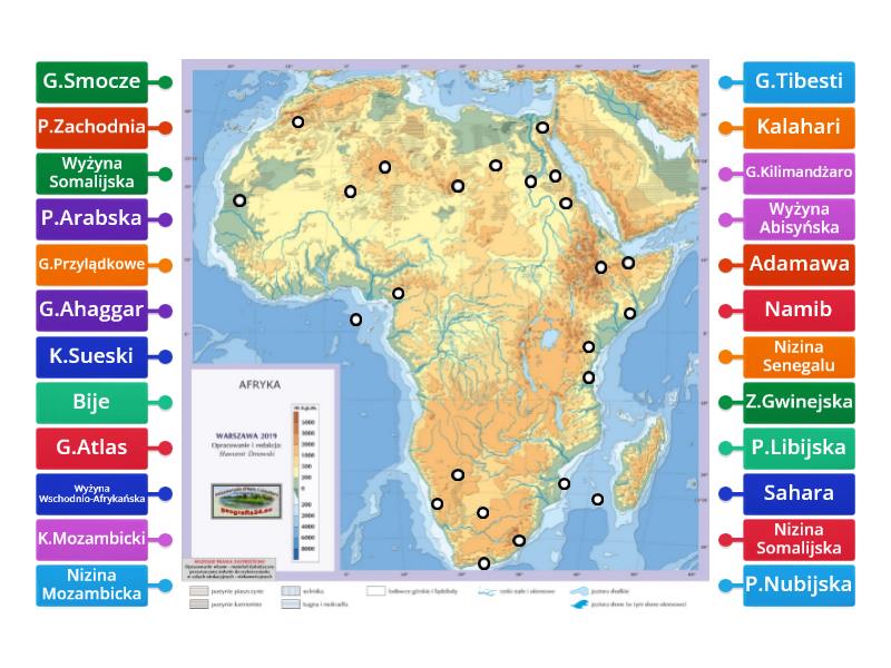 Afryka(niziny,wyżyny,góry,pustynie,zatoki,kanały) - Labelled diagram