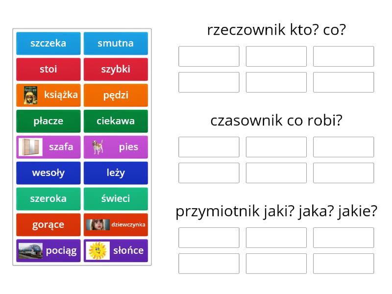 Części mowy:rzeczownik, czasownik, przymiotnik - Group sort