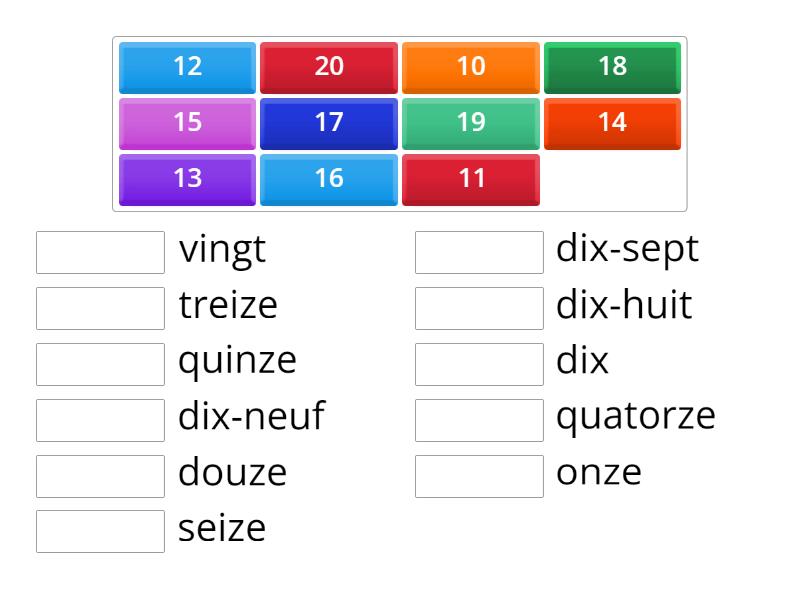 French numbers 1 to 20 C - Match up