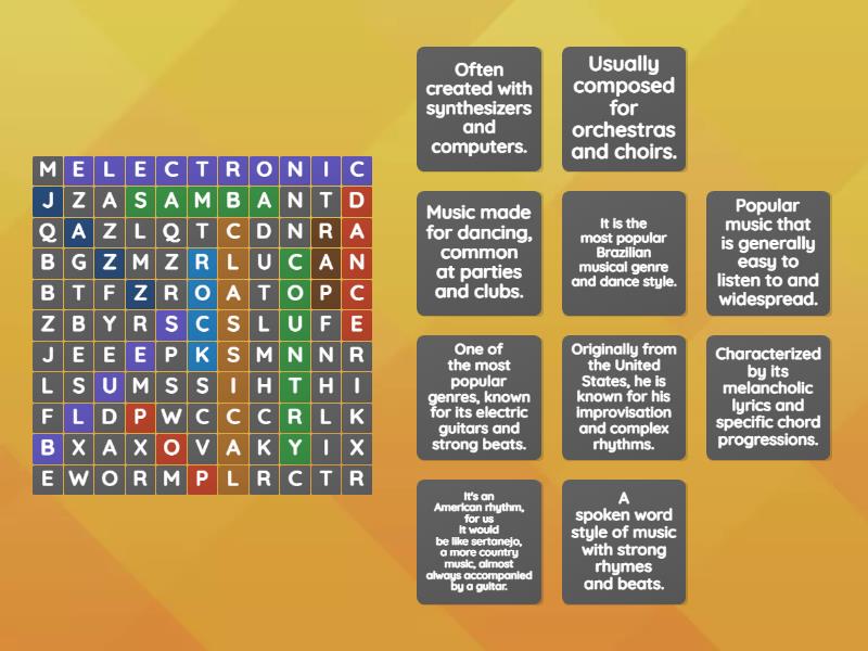 Gêneros musicais de caçapalavras Wordsearch