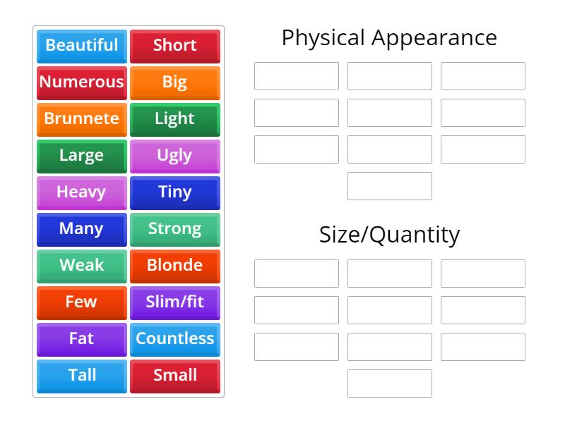Adjectives - Physical Appearance & Sizes - Group sort