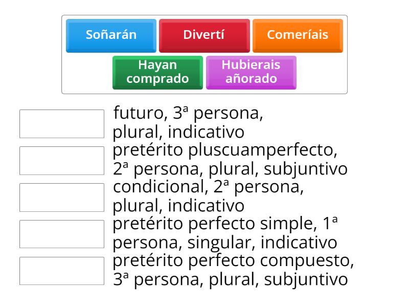 Encuentra la pareja de cada verbo con su tiempo, persona, nº y modo e ...