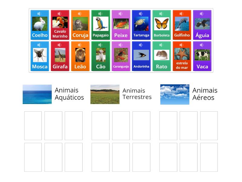 Animais - Terrestres, Aéreos, Aquáticos - Classificação em grupos