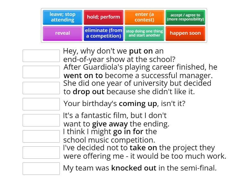 Phrasal verbs unit 9 Optimise B1plus - Une las parejas