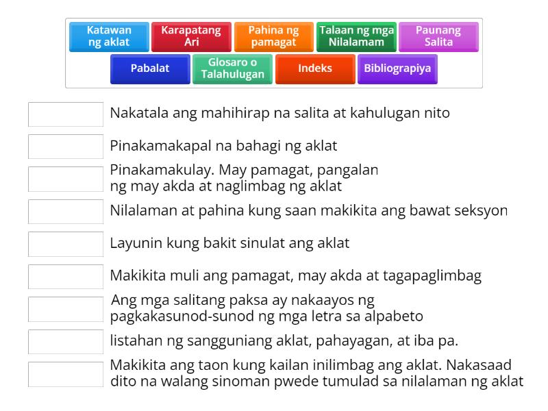 Bahagi ng Aklat - Match up