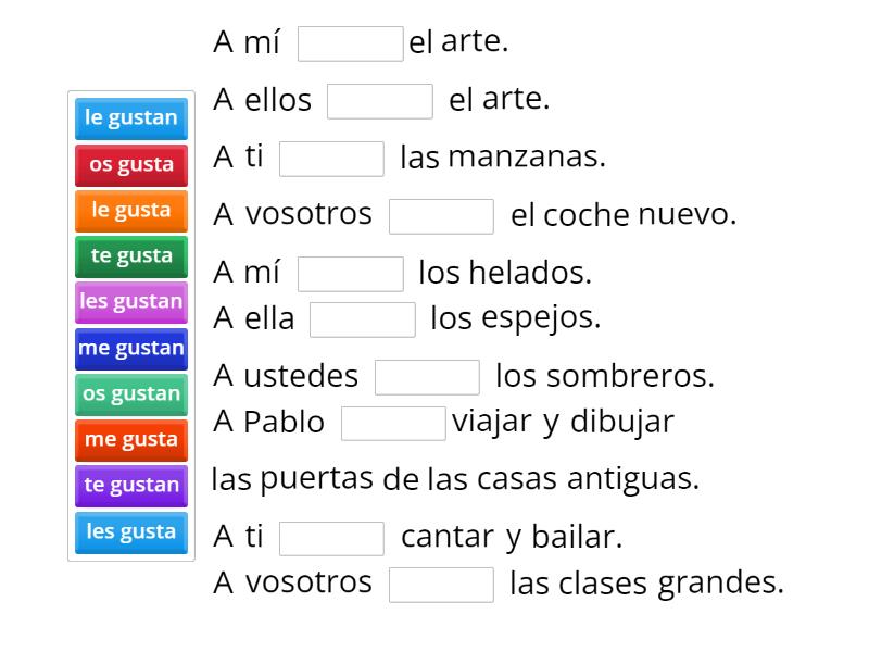 los pronombres personales y gusta/gustan Completar la frase