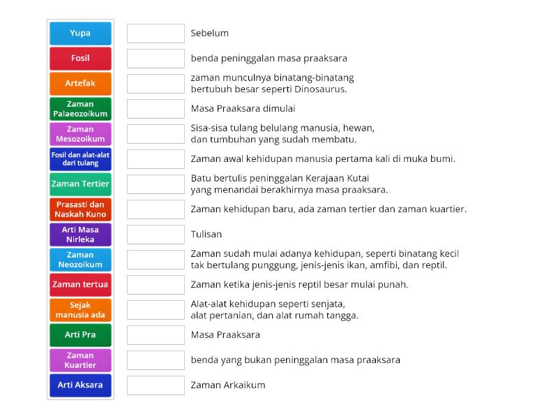 TEST 1 : Kehidupan Manusia Pada Masa Praaksara - Permainan Pencocokan