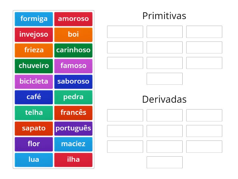 Palavras primitivas e derivadas - Classificação em grupos
