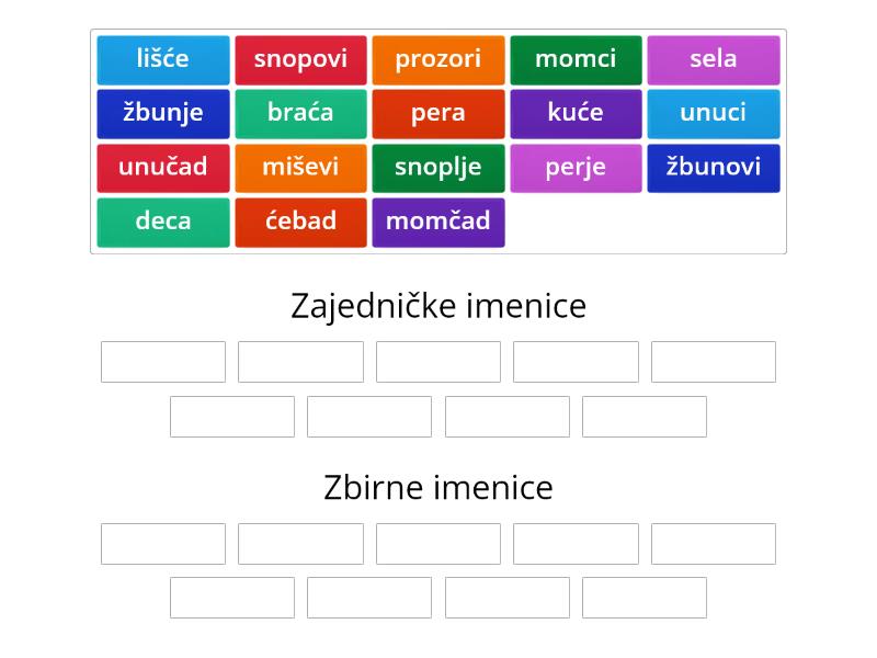 Zajedničke imenice u množini i zbirne imenice|Učiteljica.rs - Group sort