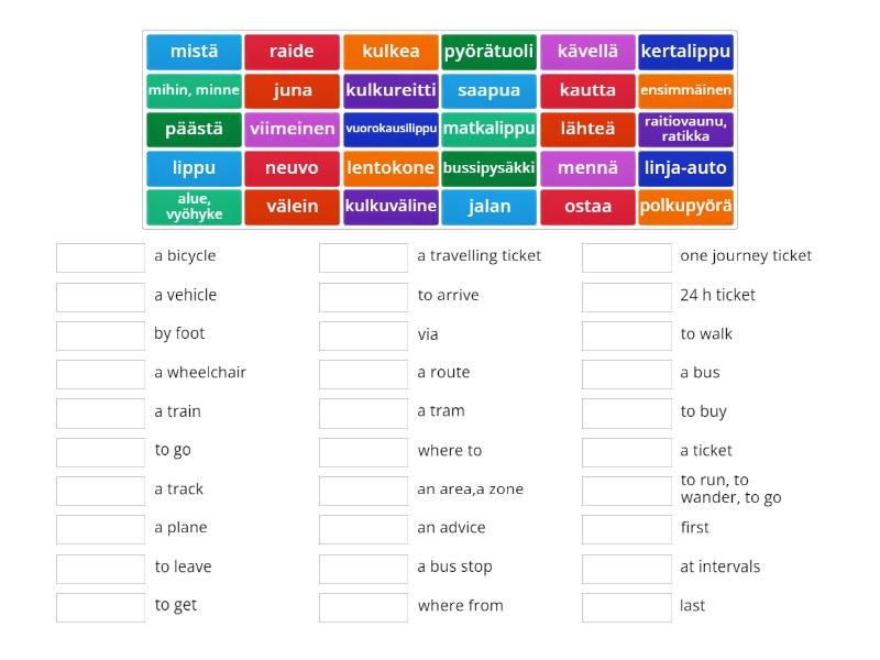 Sanasto. Vocabulary. Matkustaminen. Travelling. - Yhdistä parit