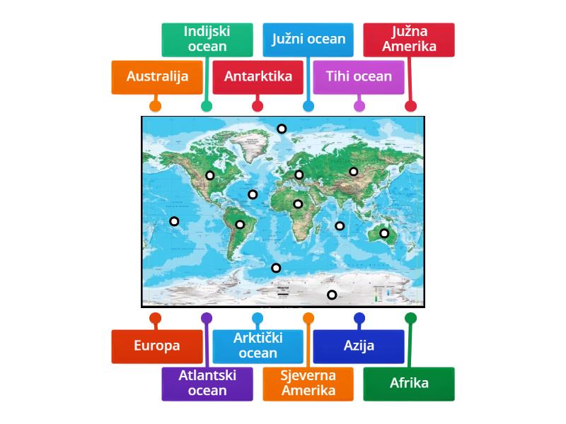 Kontinenti i oceani - geografija (5. razred) - Slika s oznakama