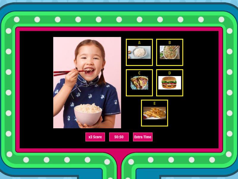 What are they eating? - rice, noodles, burger, pizza, chips - Gameshow quiz