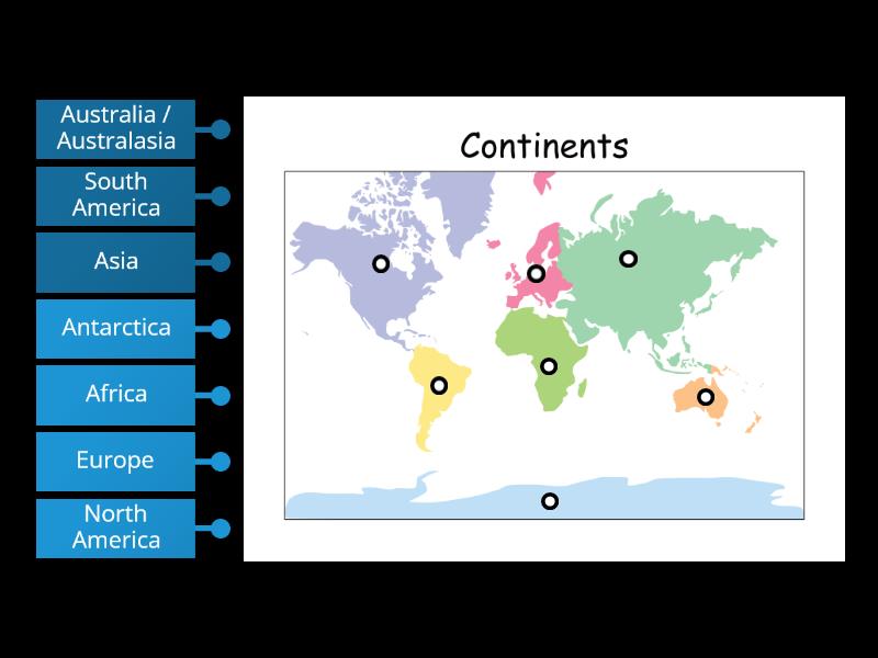 World Continents - Label the correct continents! - Labelled diagram